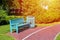 Wooden bench in the park, idyllic silence morning.