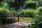 A wooden bench is placed alongside a small pond, offering a serene seating area surrounded by nature, A quiet moment of reflection