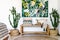 Wooden bench seat, cozy cushions, plaid, carpet on floor and cactus plants