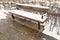 Wooden Bench in Snow, Frozen Winter Park, Outdoor City Architecture, Empty Plank Seat in Snowfall, Seasonal Travel