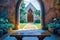 wooden bench under an arch in a beautiful archway way in front of church