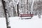 Wooden bench in the winter park covered snow. Loneliness on christmas holidays concept