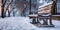 Wooden bench in the winter park with snow and frost on cold evening.Macro.AI Generative