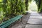 Wooden benches along a path from stone slabs surrounded by an arch of aristophilia