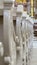 Wooden Benches in Catholic Church Aglona, Latvia. Catholic Temple Seats, Blurred Background.