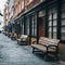 Wooden benches line the street, inviting moments of respite