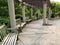 Wooden benches on a patio