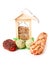 Wooden bird feeder house with food