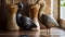Wooden Bird Sculptures: Wren And Grebe In Light Gold And Dark Black