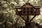 Wooden birdhouse affixed to a tree stand surrounded by lush greenery