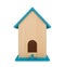 Wooden birdhouse with blue roof isolated on white background