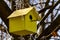 A wooden birdhouse, built with your own hands and painted with colored paint, hangs attached to a tree without leaves.