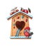 Wooden birdhouse with bullfinch bird on christmas