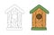 Wooden birdhouse with a hole and a perch in a simple flat graphic outline style