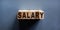 Wooden block form the word `salary` on beautiful blue background