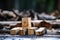 a wooden block standing upright among fallen blocks