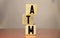 A wooden block with the word ATM Asynchronous Transfer Mode written on it on a white background