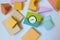 Wooden blocks with clock, top view. Early education, eco-friendly toys