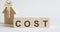 Wooden blocks with the word COST , house. The concept of the high cost of rent for an apartment or home. Interest rates are rising