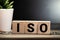 Wooden blocks with the word ISO. International organization for standardization