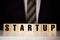 Wooden blocks with the word Startup. Temporary structure designed to find and implement a scalable business model