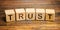 Wooden blocks with the word Trust. Trust relationships between business partners, friends, relatives. Respect and authority.