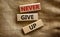 Wooden blocks with words `never give up`. Beautiful canvas background. Copy space. Business concept