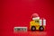 Wooden blocks of XMAS with gift box on truck. Start of season