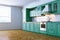 Wooden blue kitchen interior in classic style view 1 . 3d render