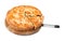 Wooden board with apple pie and shovel on white background