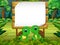 The wooden board blank space with two couple turtle with forest background