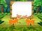 The wooden board blank space with two cute dear with forest background