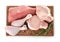 Wooden board with fresh raw meat, rosemary and spices on white background