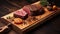 Wooden board hosts a delectable piece of beef meat