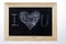 Wooden board for notes in a heart shape with the words white chalk I love you