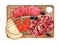 Wooden board with prosciutto, salami and sun-dried tomatoes. Watercolor antipasta