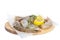 Wooden board with raw shrimps, lemon and thyme isolated