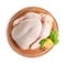 Wooden board with raw turkey and ingredients on white background
