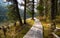 Wooden boardwalk along the lake in the mountains