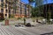 Wooden boardwalk bench in the foreground