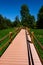 wooden boardwalk in green meadow area