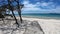 Wooden boardwalk in Maria Pia beach on a sunny day. Sardinia