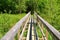 A wooden boardwalk with railings in a wet swampy area. Equipped tourist trail with wooden paths and footbridges. healthy