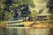 Wooden boat on the Amazon river, Brazil, vintage retro instagram