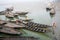 Wooden boat crosses the Ganges River in Canning Town, West Bengal, India