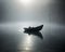 A wooden boat floating on the waters of a fog-covered lake early morning. Ideal for nature, serenity, and fishing concepts