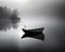 A wooden boat floating on the waters of a fog-covered lake early morning. Ideal for nature, serenity, and fishing concepts