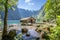 Wooden boat hut at the Obersee, Koenigssee, Bavaria, Germany
