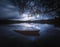 Wooden boat by the lake shore, Norway, beautiful autumn time, calm water