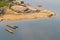 Wooden boat  mekong river. Thailand and Laos in top view